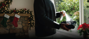 Person spraying shoes with Jason Markk Repel Spray, surrounded by greenery and a potted plant.