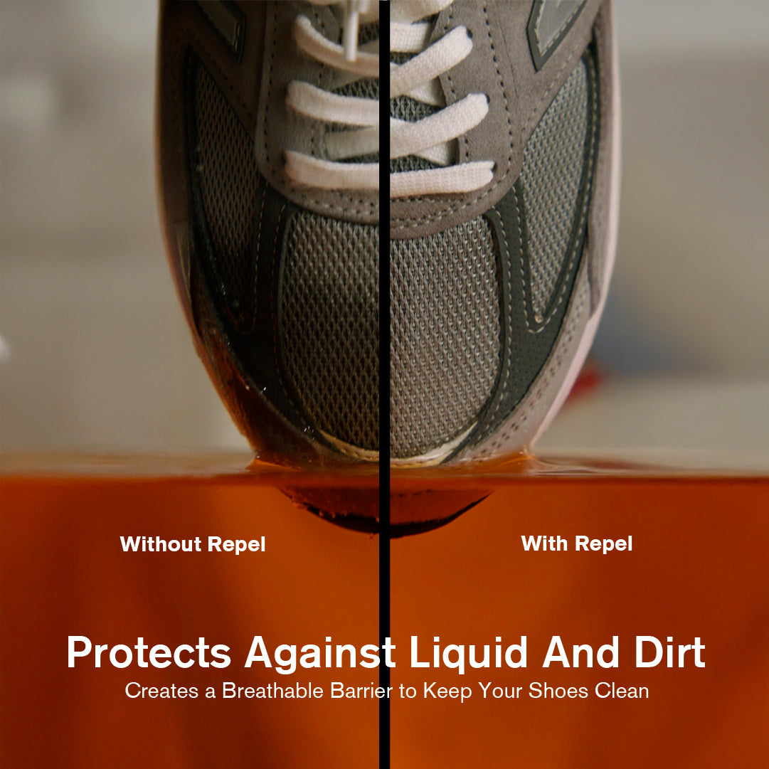 Comparison of a gray sneaker with and without a Repel Spray product on a showing product effectiveness.