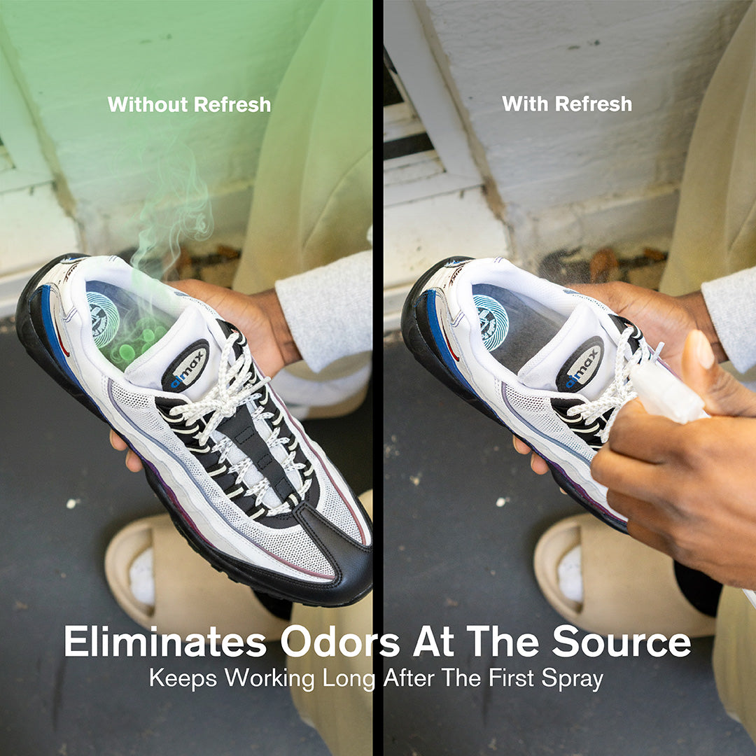 Split before-and-after comparison of a white, black, and blue Nike Air Max 95 sneaker held by hand. The left "Without Refresh" panel shows visible green odor fumes rising from inside the shoe, while the right "With Refresh" panel shows the same sneaker odor-free after applying Jason Markk Refresh spray. Text overlay reads: "Eliminates Odors At The Source – Keeps Working Long After The First Spray."
