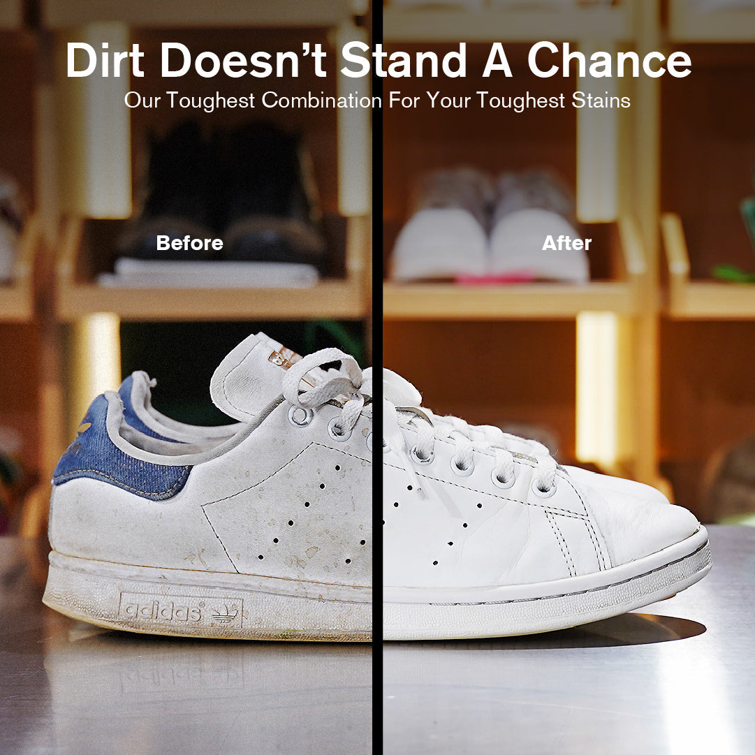 Split before-and-after comparison of a white Adidas Stan Smith sneaker with a blue heel tab. The left "Before" panel shows the sneaker heavily covered in dirt, scuffs, and yellowing across the leather upper and midsole. The right "After" panel shows the same sneaker fully restored to bright white after cleaning with Jason Markk products. Text overlay reads: "Dirt Doesn't Stand A Chance – Our Toughest Combination For Your Toughest Stains."