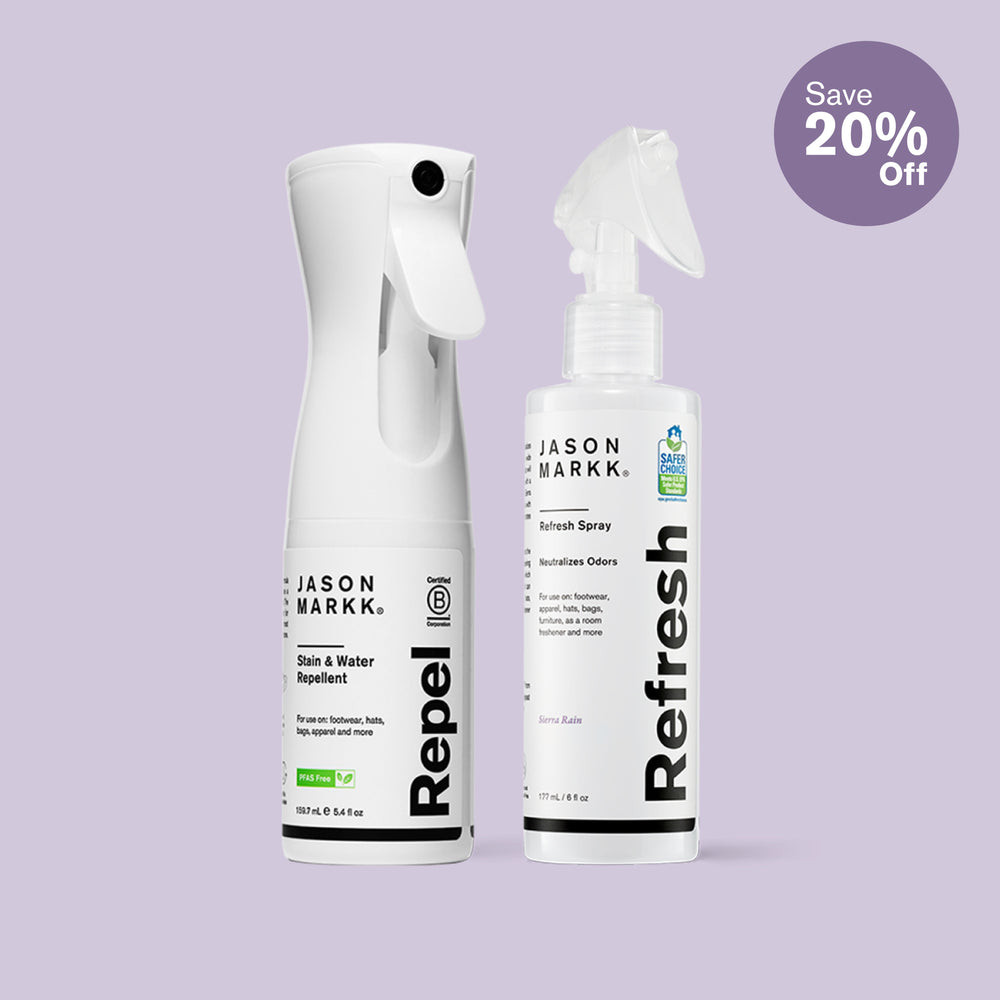 Jason Markk Repel and Refresh on a light purple background with an icon calling out "Save 20% Off"